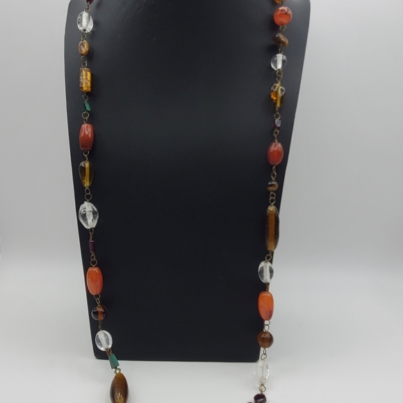 Stone & Glass Beaded Necklace Chain Link Artisan Vintage 33" L Malachite Quartz - Picture 9 of 9